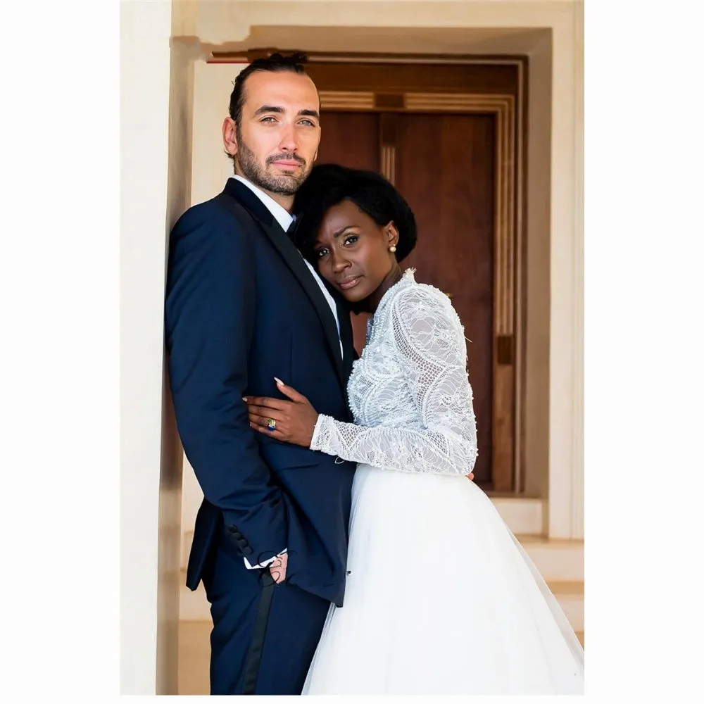 E JUE SHUNG African Wedding Dress A Line High Neck Long Sleeves Lace Gowns robe de marie | Свадьбы и торжества