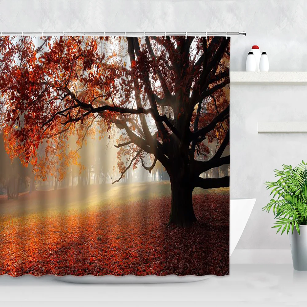

Mist Forest Shower Curtains Waterproof Cloth Bathtub Screen Red Maple Fallen Leaves Natural Scenery Bathroom Decor Hooks Curtain