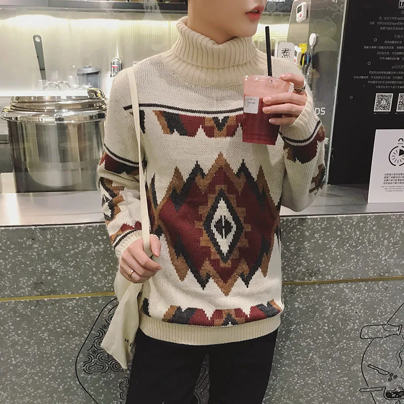 

Harajuku Embroidered Turtleneck Pullover Sweaters Men High Street Winter Japan Style Vintage Thick Warm Knitting Sweaters M-2XL