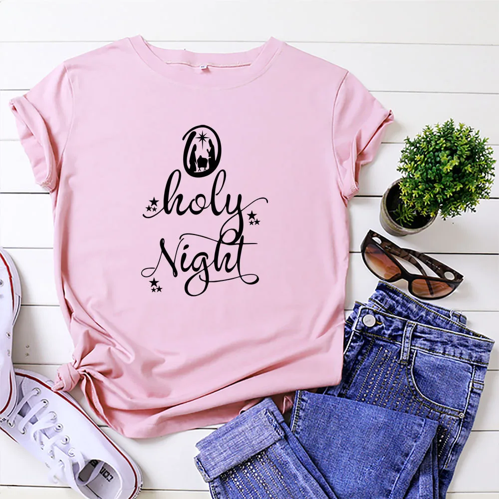 

Holy Night Cotton T Shirt Women 5XL Plus Size Letter Printing Short Sleeve Christmas Graphic Tshirts Tops Harajuku Tees Clothes