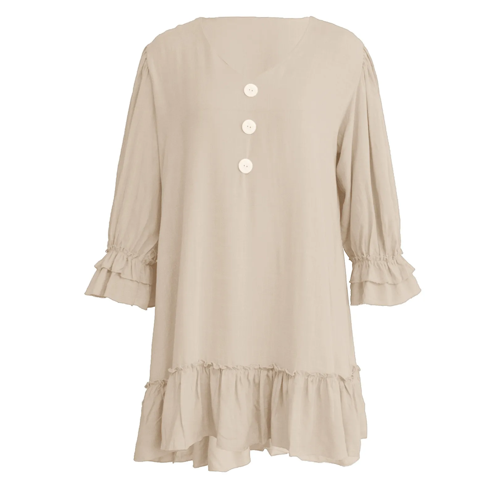 

40# Solid Color Button Dress Woman Ruffles V-neck Long Sleeve Dresses Vintage Cotton And Linen Mini Dress Casual Women Clothing