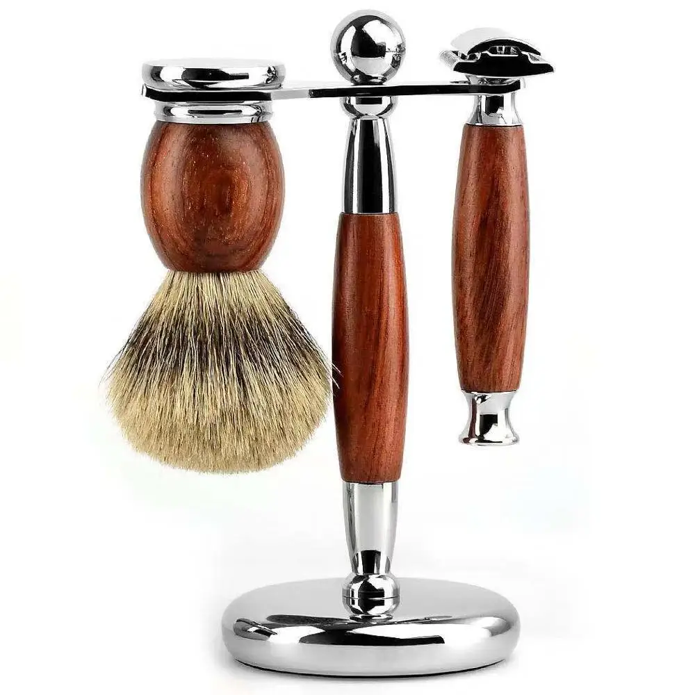 Ins Recommended Men s Classic Shaving kit: Mahogany Shaving Brush + Safety Razor + Stainless Steel Bracket Clean Beard hair Remo