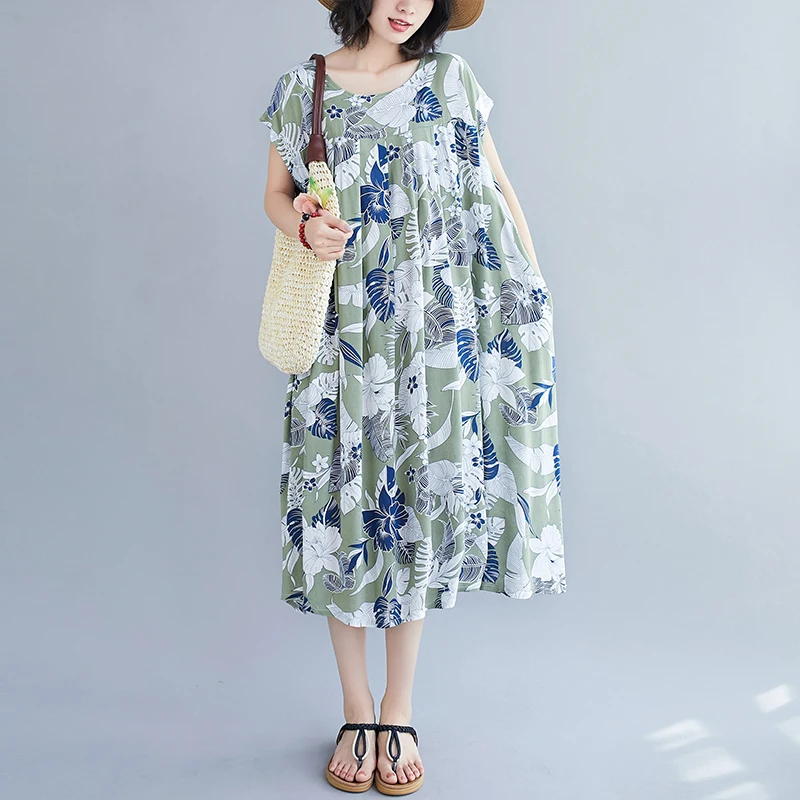 

COIGARSAM Floral Print Women Long dress New Summer Loose Dresses Green Black 2004