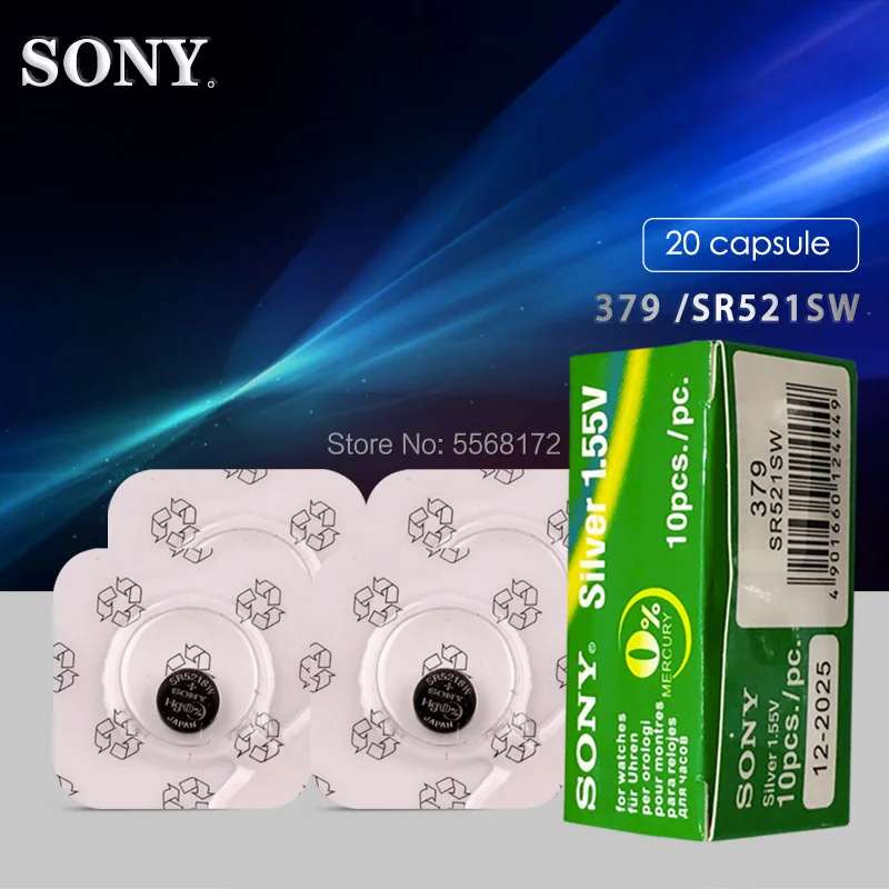 

20Pcs SONY Button Batteries 16mAh AG0 LR521 Silver oxide 379A SR521 379 618 SR63 521 SR521SW For Watch Battery