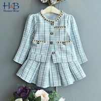 humor bear girl clothing set 2021 spring autumn long sleeve plaid printed cardigan skirt 2pcs casual kids clothes