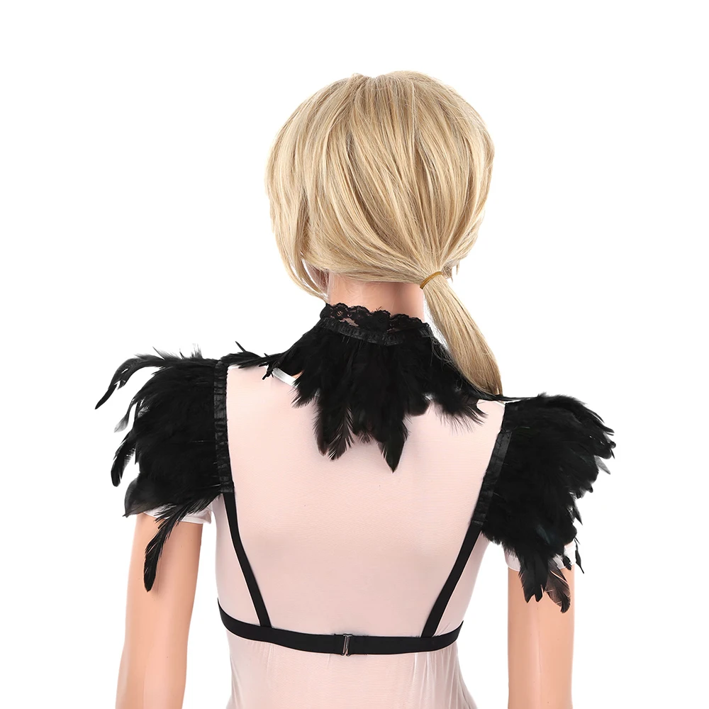 Women Gothic Natural Feather Shrug Shawl Shoulder Wings Lingerie Female Body Sexy Caged Bra Festival Rave Costume Harness Belts
