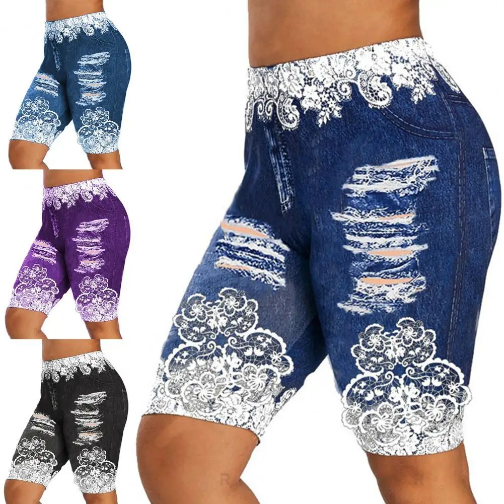 

Hot Sale Fake Denim Shorts Women Summer Polyester Skinny Shorts Elastic High Waist Knee Length Shorts for Women short feminino
