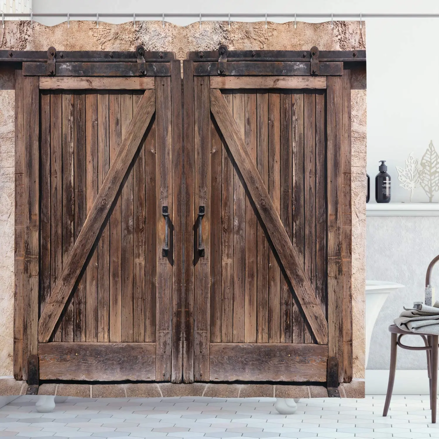 Rústico de Madera Puerta de Granero Conjunto De Tela Impermeable Baño Cortina de ducha y 12 Ganchos Rústico de Madera Puerta de Granero Conjunto De Tela Impermeable Baño Cortina de ducha y 12 Ganchos