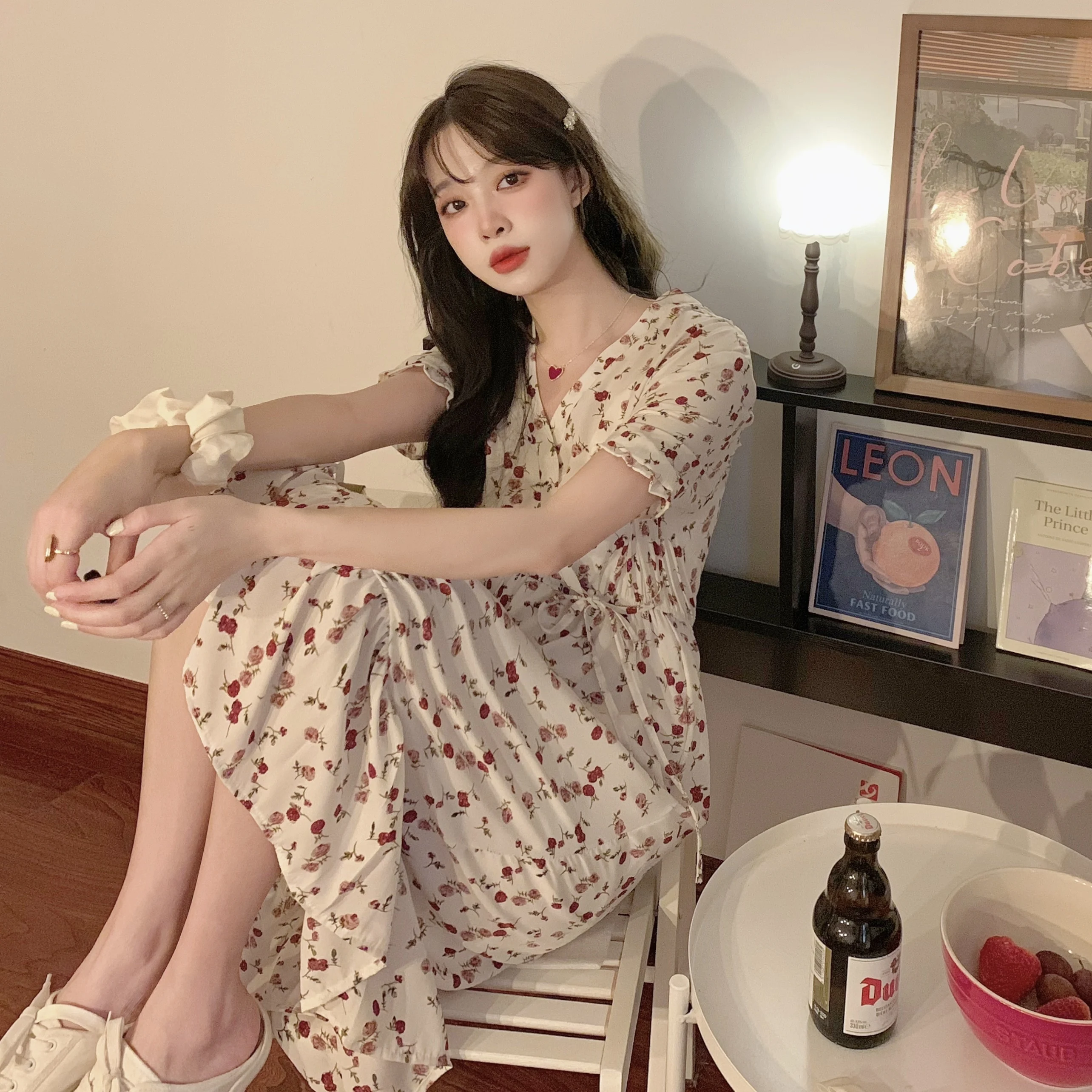 

Elegant Casual Women's Dresses Party 2021 Summer Korean Style Bandage Midi Vintage Floral Dress Female Fairy Short Sleeve Chic