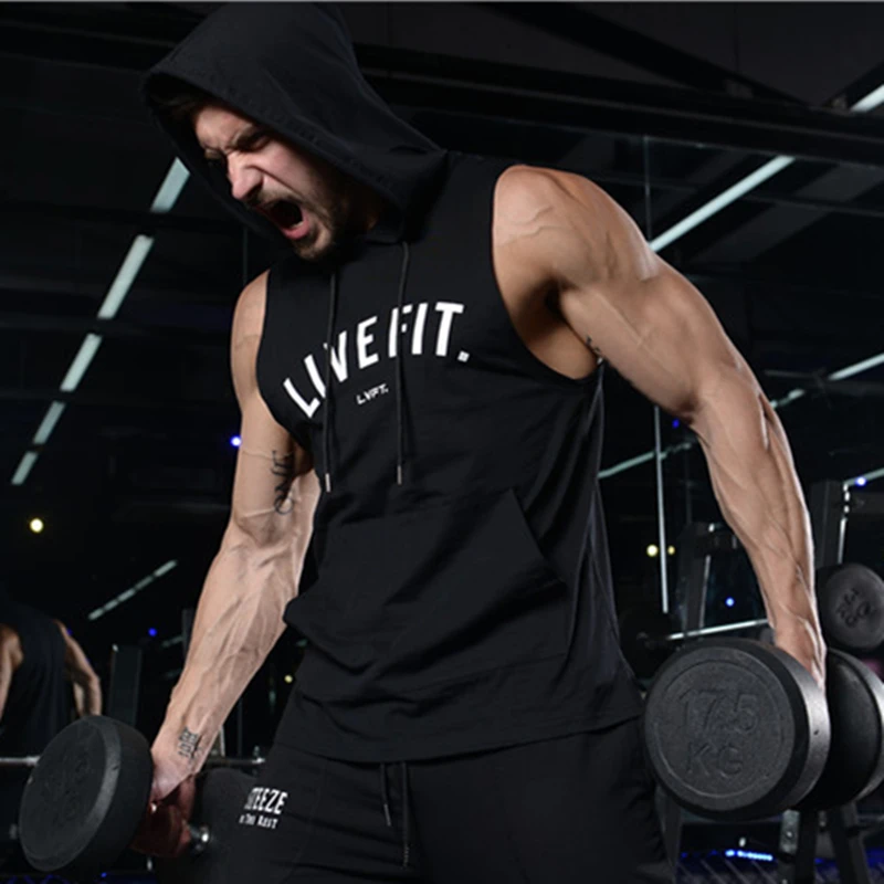 Брендовая мужская майка с капюшоном для фитнеса футболка без рукавов