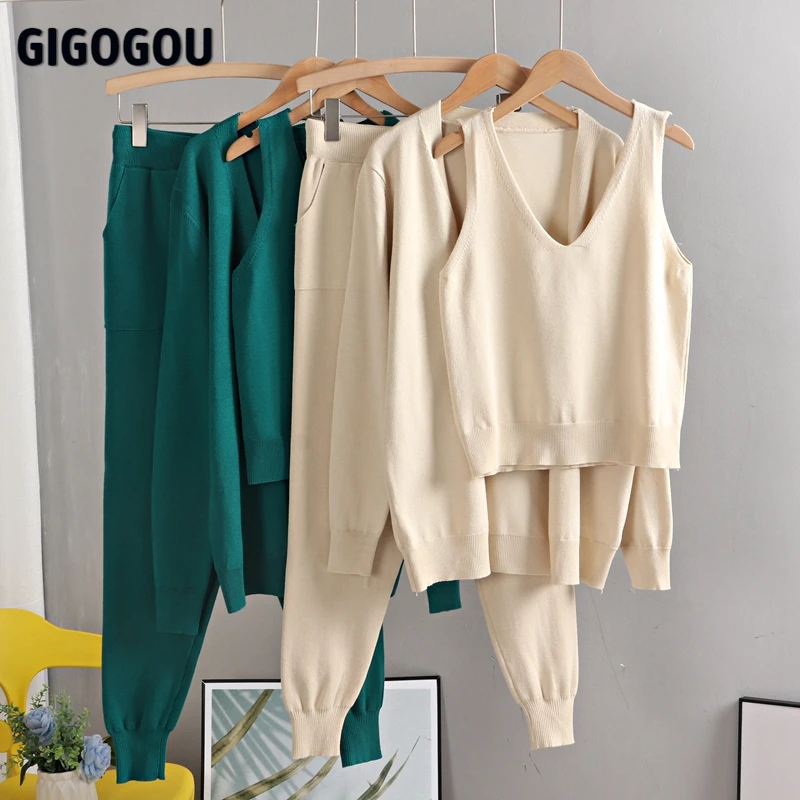 Женский трикотажный кардиган GIGOGOU комплект из 3 предметов с карманами и брюками