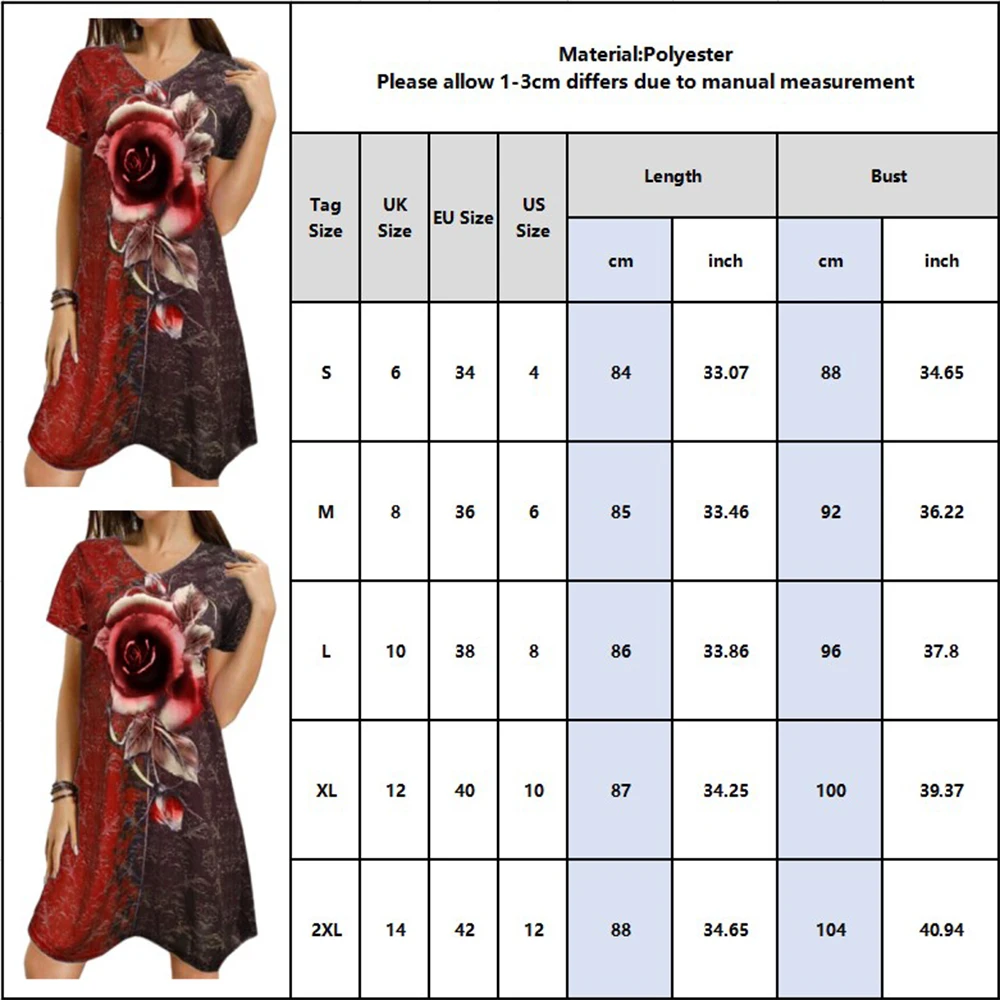 

Rose Printed Color Block Short Sleeve Dress Women Casual V-neck Loose Mini Dress Summer Fashion Floral A-line Female Dress D30