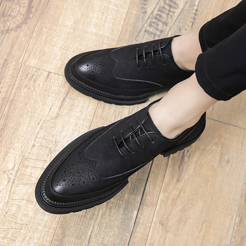 

men's fashion wedding party dresses genuine leather brogue shoes black platform bullock shoe gentleman breathable footwear male