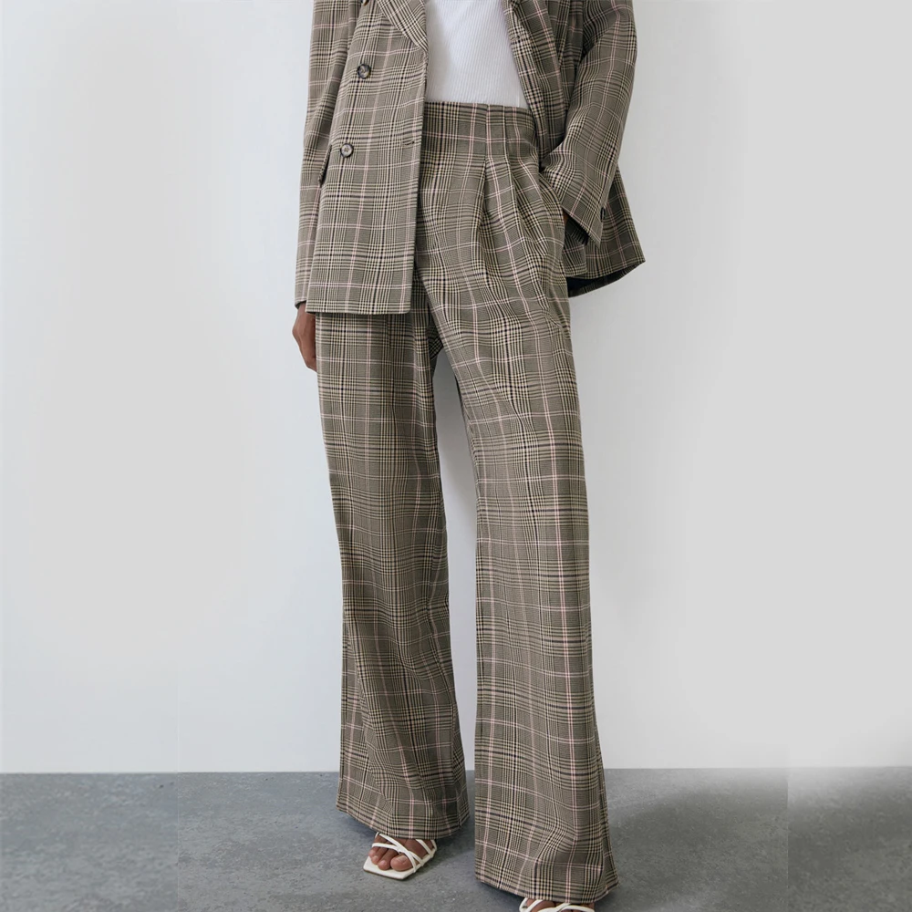 Женский двубортный костюм ZA свободная куртка с отворотами и широкими брюками в