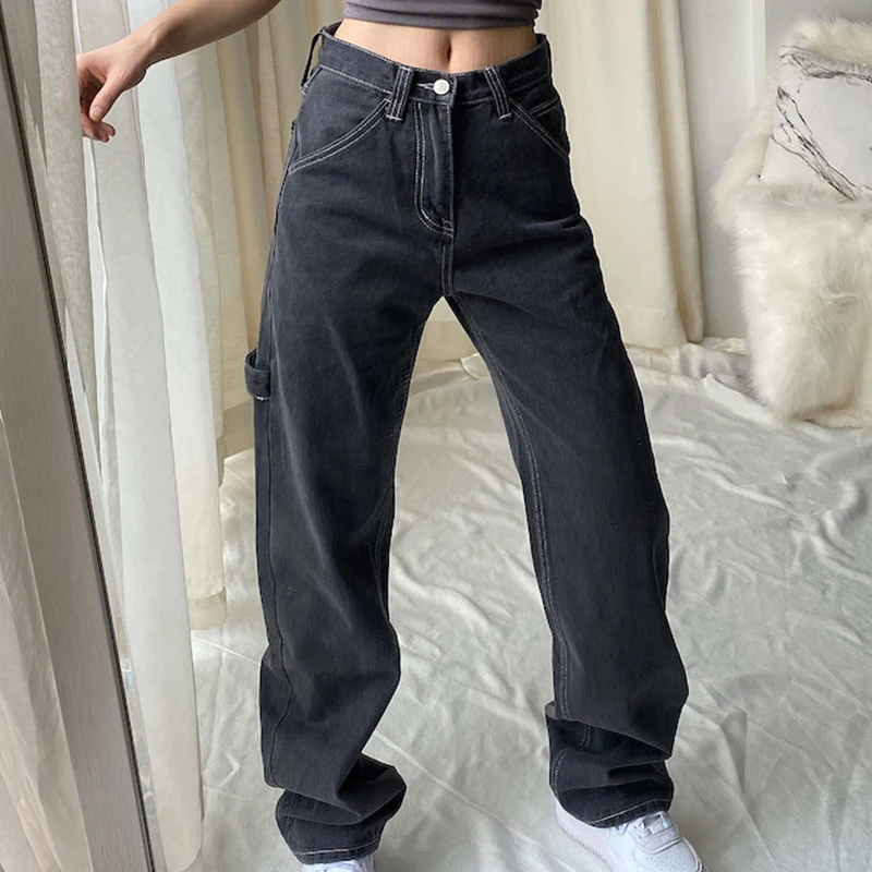 Джинсы с высокой талией и широкими штанинами женские свободные повседневные