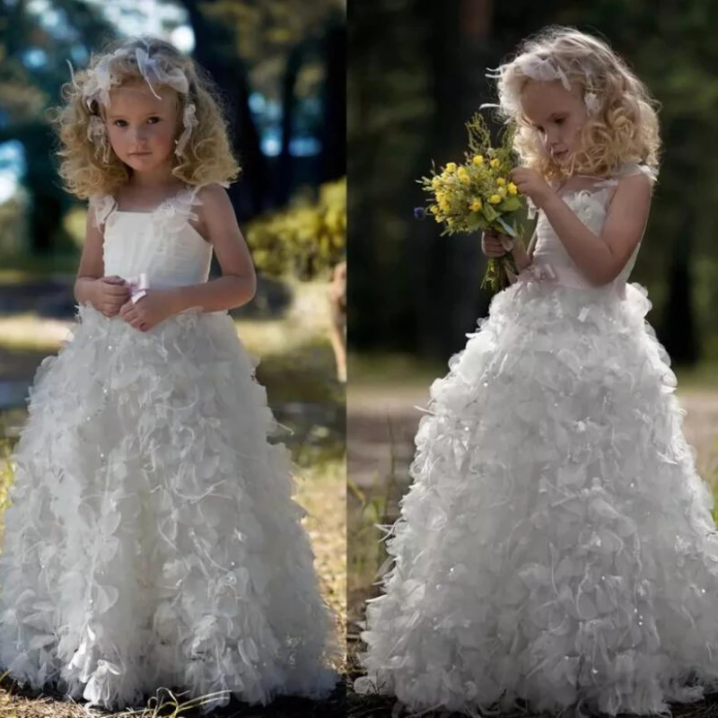 

Elegant White Princess Flower Girl Dresses Tiered Appliqued Little Girls Birthday Party Dress Gowns Kids Prom Dress