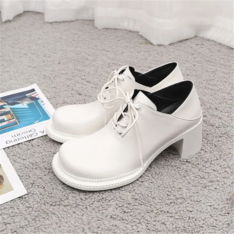 

Retro Black Genuine Leather Women Pumps Chunky High Heels Round Toe Lace-up Dress Shoes Woman Valentine Leather Shoes