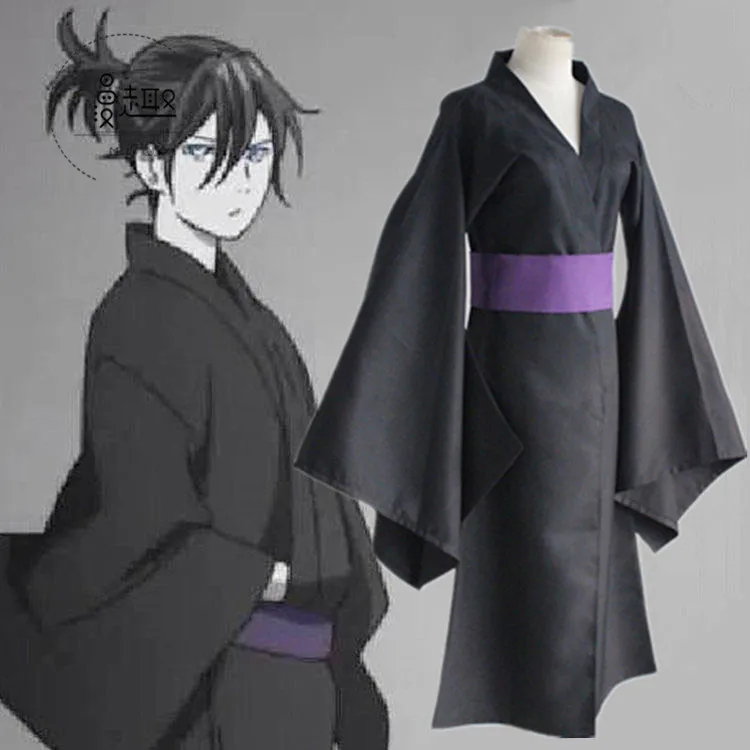 Бог бедности норагами аниме Yato Black Yukata кимоно фиолетовый пояс Повседневное