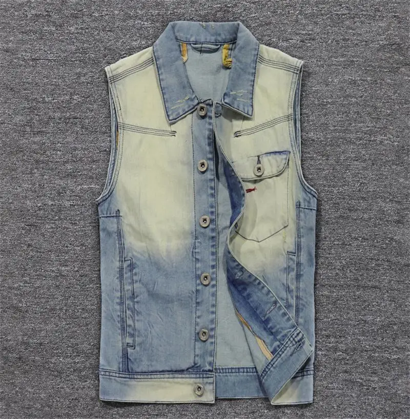 

Лидер продаж, тонкий светлый Повседневный жилет в стиле ретро без рукавов, модный брендовый Однорядный джинсовый жилет для мужчин
