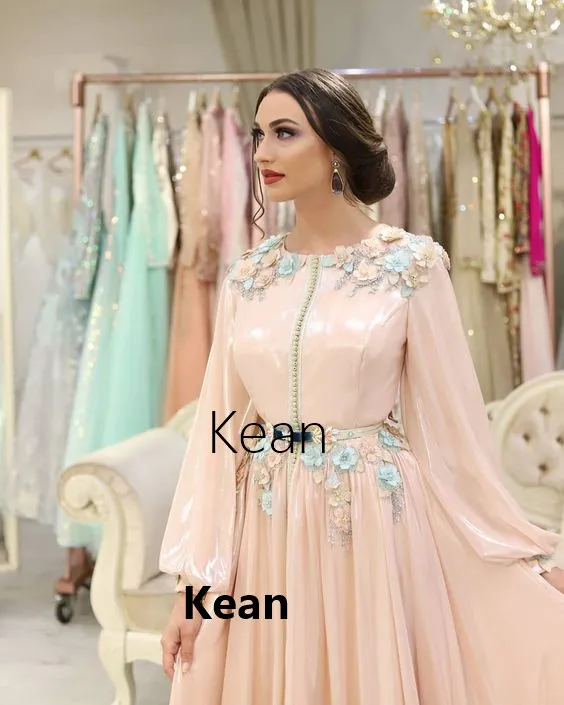 

Peach Moroccan Kaftan Evening Dress Flowers Appliques Puff Sleeve Evening Party Vestido de Renda Groom Mother Suits