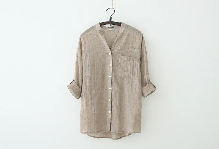 Женская рубашка с воротником стойкой свободная хлопковая льняная в японском
