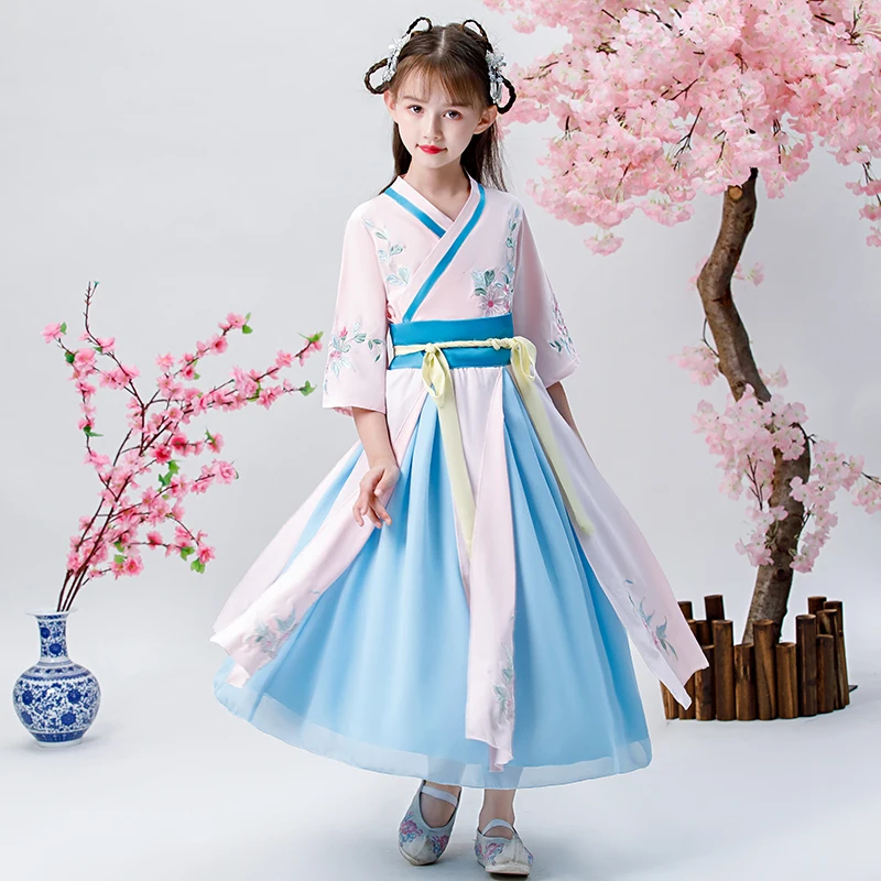 

H2500 Girls Hanfu Children's Chinese Style Ancient Traditional Folk Festival Dresses Tang Costumes Summer Kids Princess Dress