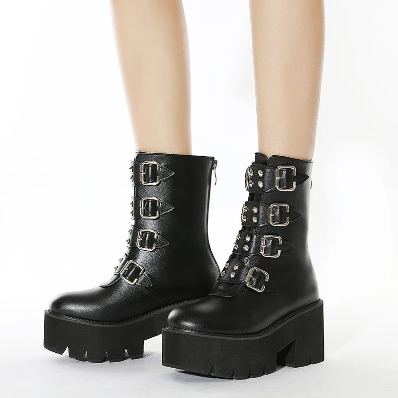 

Winter Gothic Punk Womens Platform Boots Black Buckle Strap zipper Creeper Wedges Shoes Mid Calf Military Combat Boots589