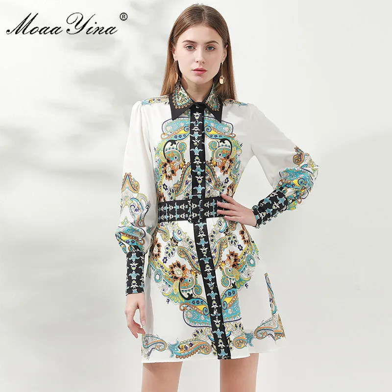 MoaaYina модное дизайнерское платье весна осень женское рукав фонарик расшитое