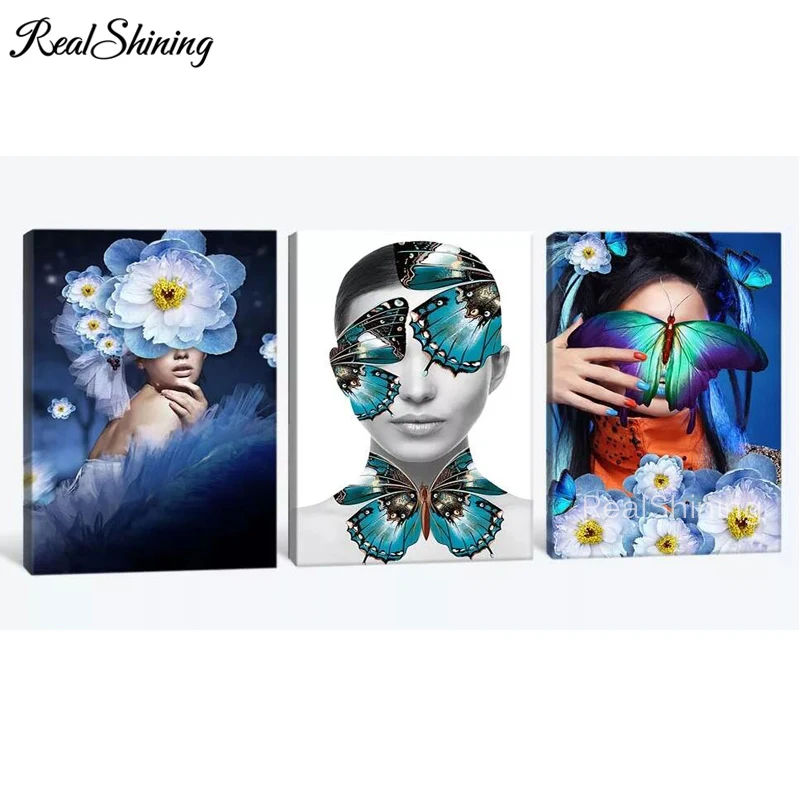 

Триптих, 5D «сделай сам», алмазная живопись, Бабочка, девушка, цветы, 3D полная вышивка квадратными стразами, вышивка крестиком, домашний декор...