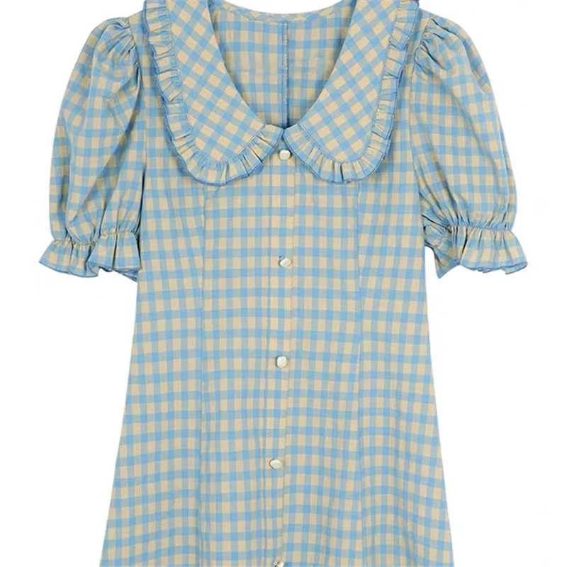 

Summer French Girl's Doll Collar Puff Sleeve Plaid Dress Western Style Slim Short-Height Medium-Length Skirt Y726