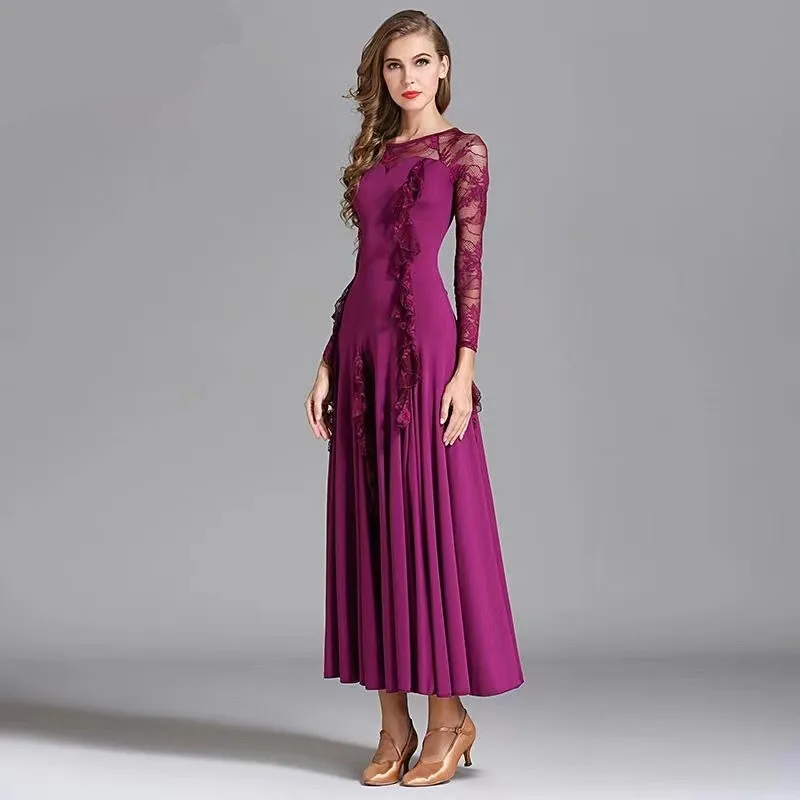 Женское платье для бальных танцев бархатное с длинным рукавом и круглым вырезом