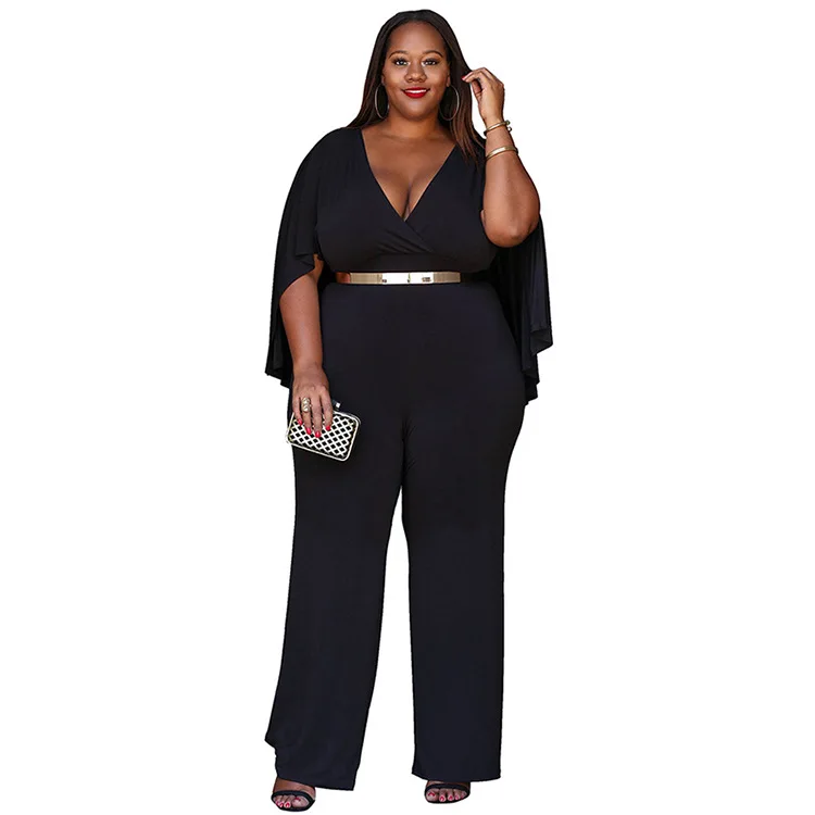 

Zoctuo Jumpsuits For Women Plus Size Solid Jumpsuits Spring Summer V-neck Cloak Sleeve High Waist Straight Sexy Club Romper