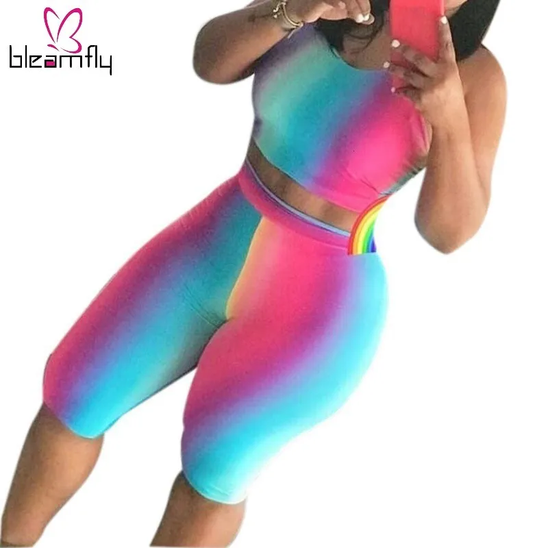 Летние женский комплект 2 шт. шорты для фитнеса байкерские с принтом Tie Dye