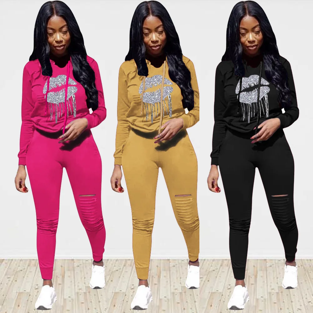 

2021 Summer New Style Women's Fashion Casual Fringed Lips Pattern Sports Burnt Hooded Two-Piece Suit