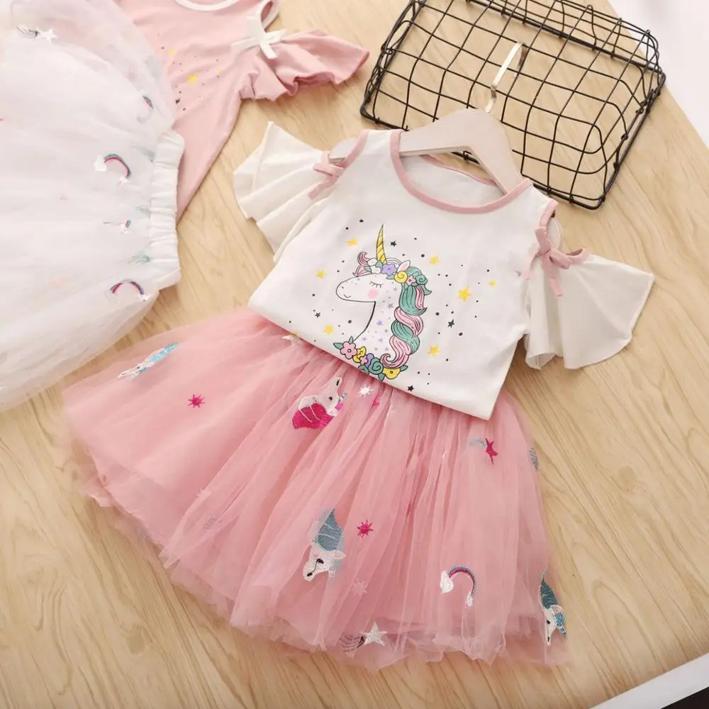 

Girl Unicorn Off Shoulder Dress Lace Floral Embroidery Casual Peacock Feather Dress Kids Baby Summer Birthday Costume Gils Cloth