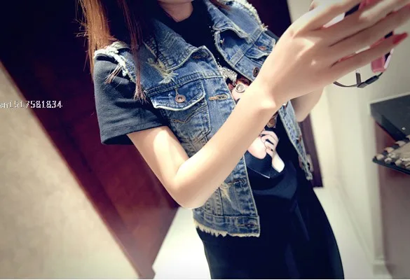 Женский джинсовый жилет без рукавов с эффектом потертости в стиле ретро кардиган