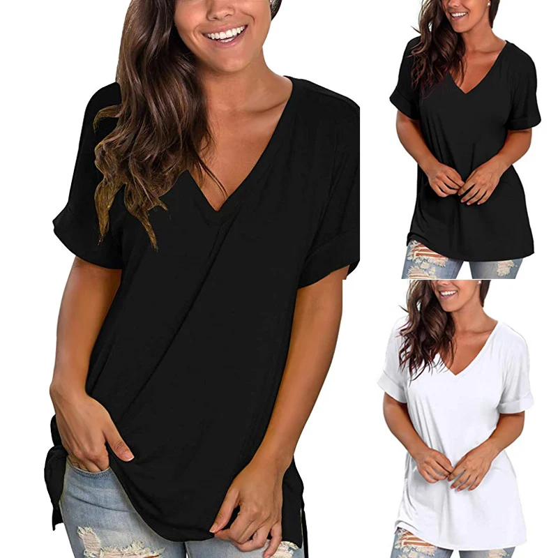 

Women Basic T Shirts V-neck Rolled Short Sleeve Loose Summer Casual Tops A66