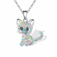 girls cute cat pendant necklace for women children fashion colorful crystal cartoon animal necklaces jewelry gifts