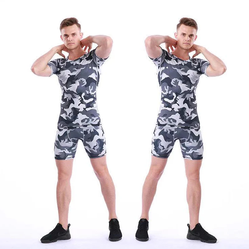 

New European and American men's sports stretch shorts short sleeve T-shirt suit fitness tights breathable quick-drying underwear