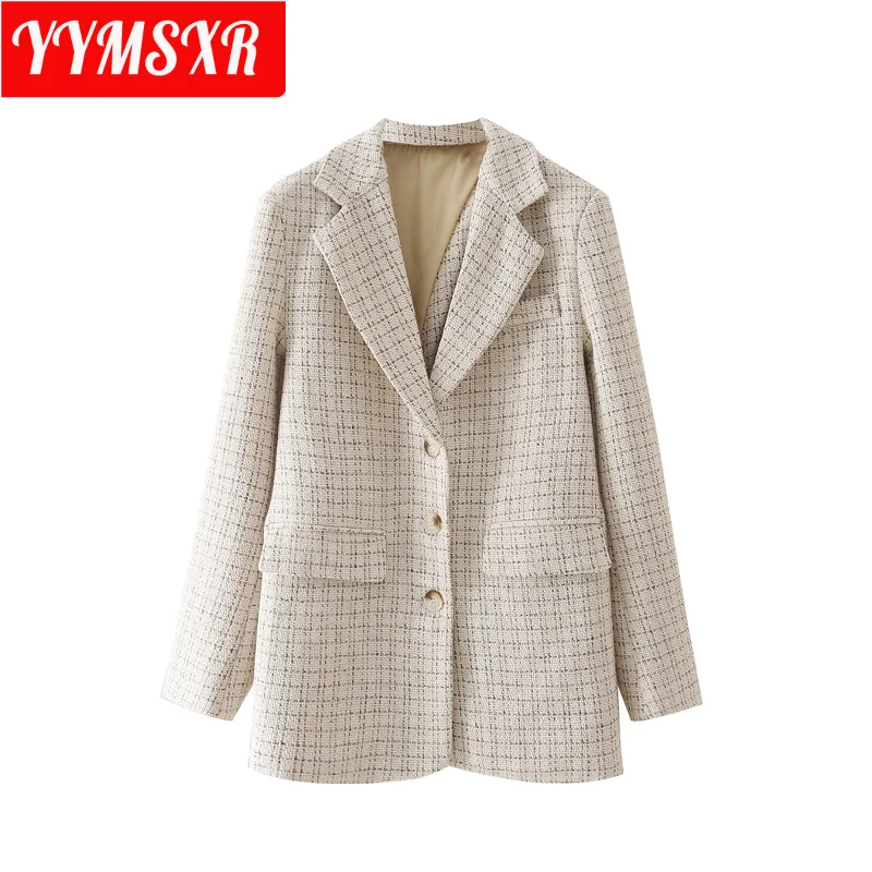 

Women Blazer Jacket 2022 Autumn and Winter New Style European and American Style Woolen Back Cross Top Plaid Elegant Clothes