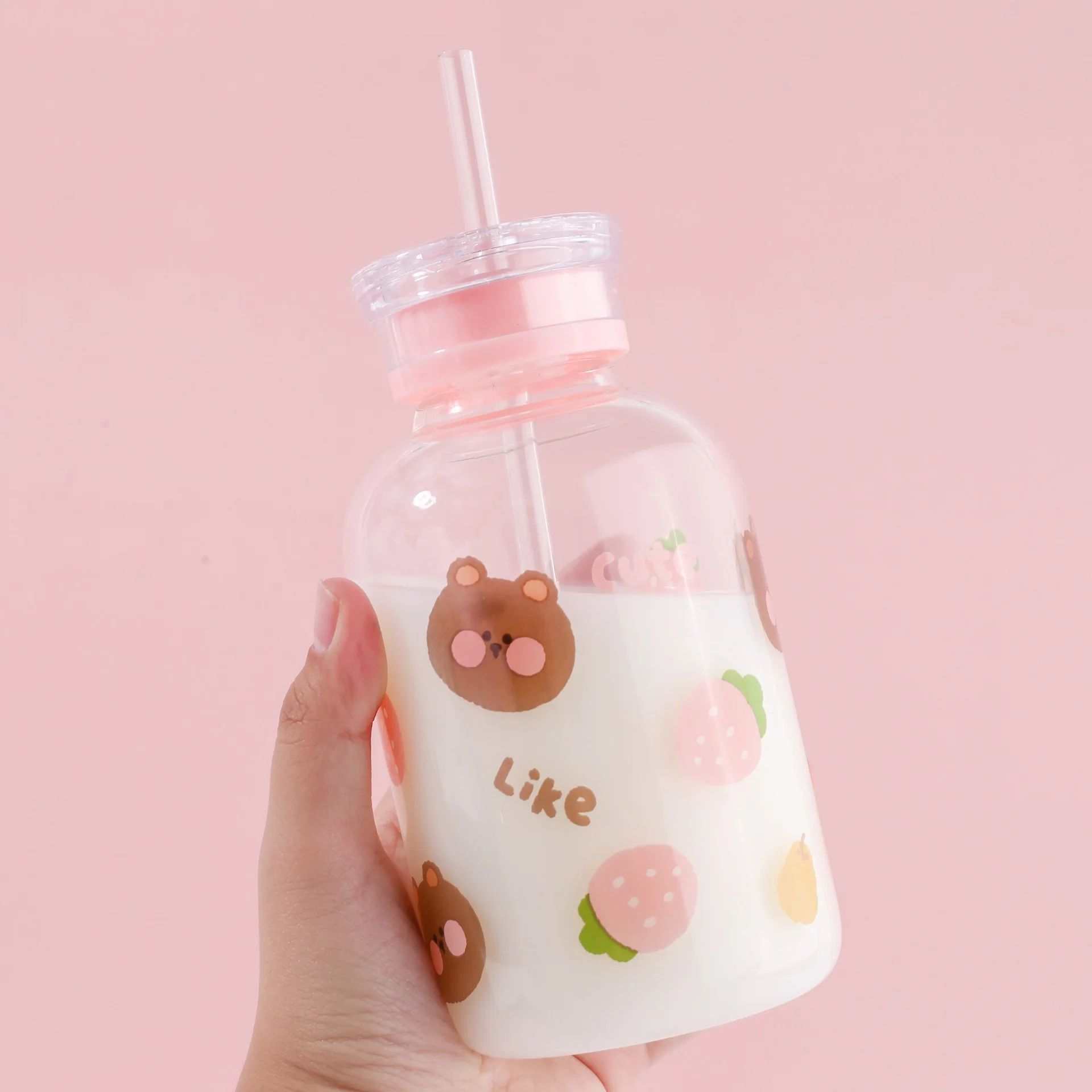 Новинка 450 мл Kawaii клубника медведь стеклянная бутылка для воды с соломенной милой