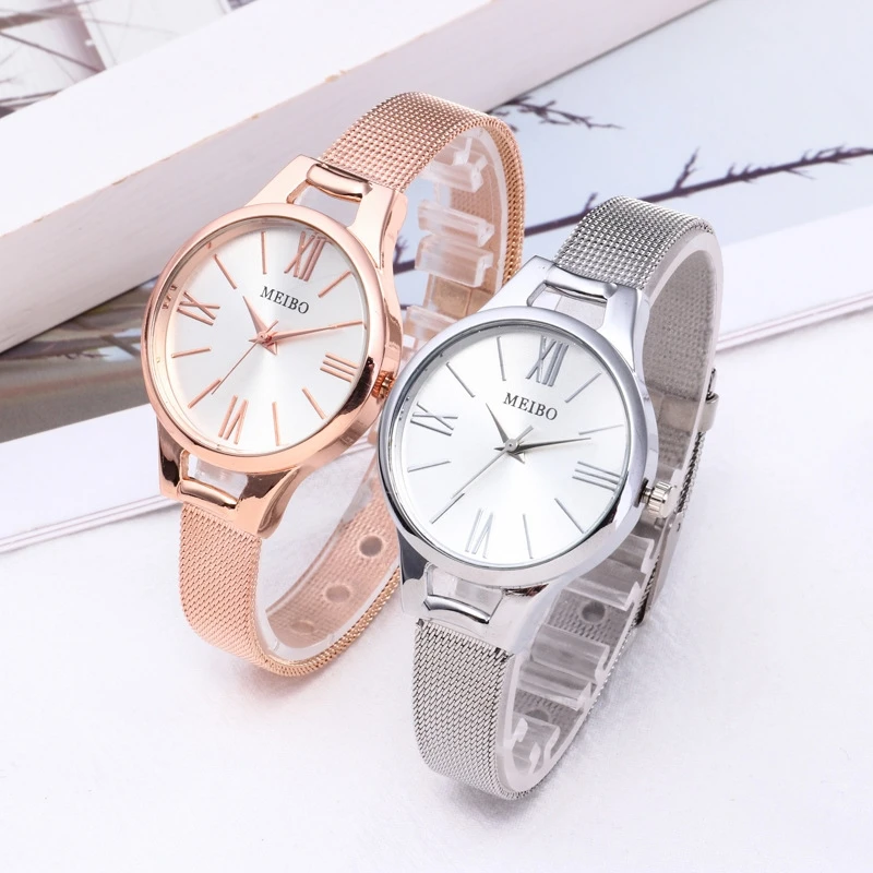

Cross border popular stainless steel mesh band diamond women's watch shell face butterfly diamond Roman character quartz watch