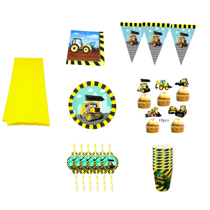 

71 шт. украшения для дня рождения экскаватора, праздничный декор, одноразовые тарелки бульдозера, салфетки, чашки, баннеры, соломинки, топпер...