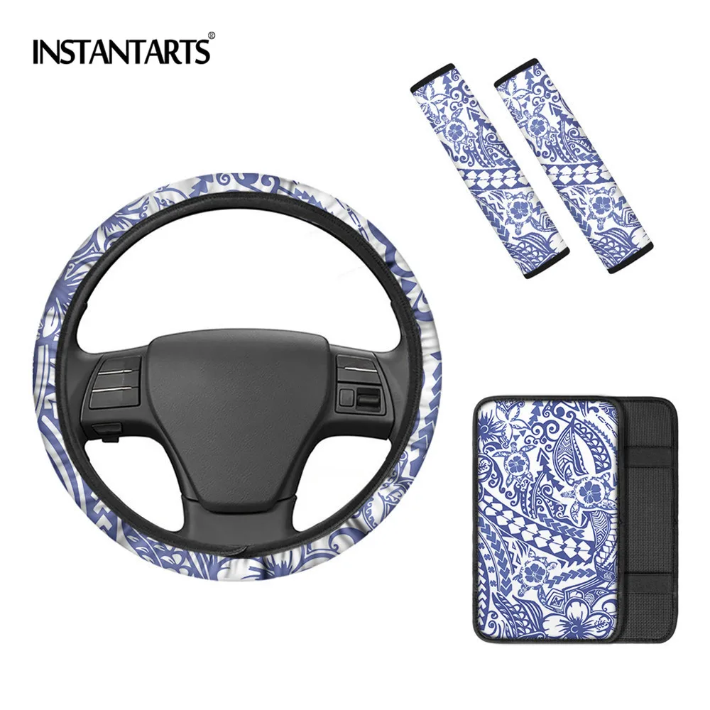 

INSTANTARTS Light Color Polynesian Sea Turtles and Flowers Print Soft Steering Wheel Cover Seat Belt Heavy-Duty Car Center Pad