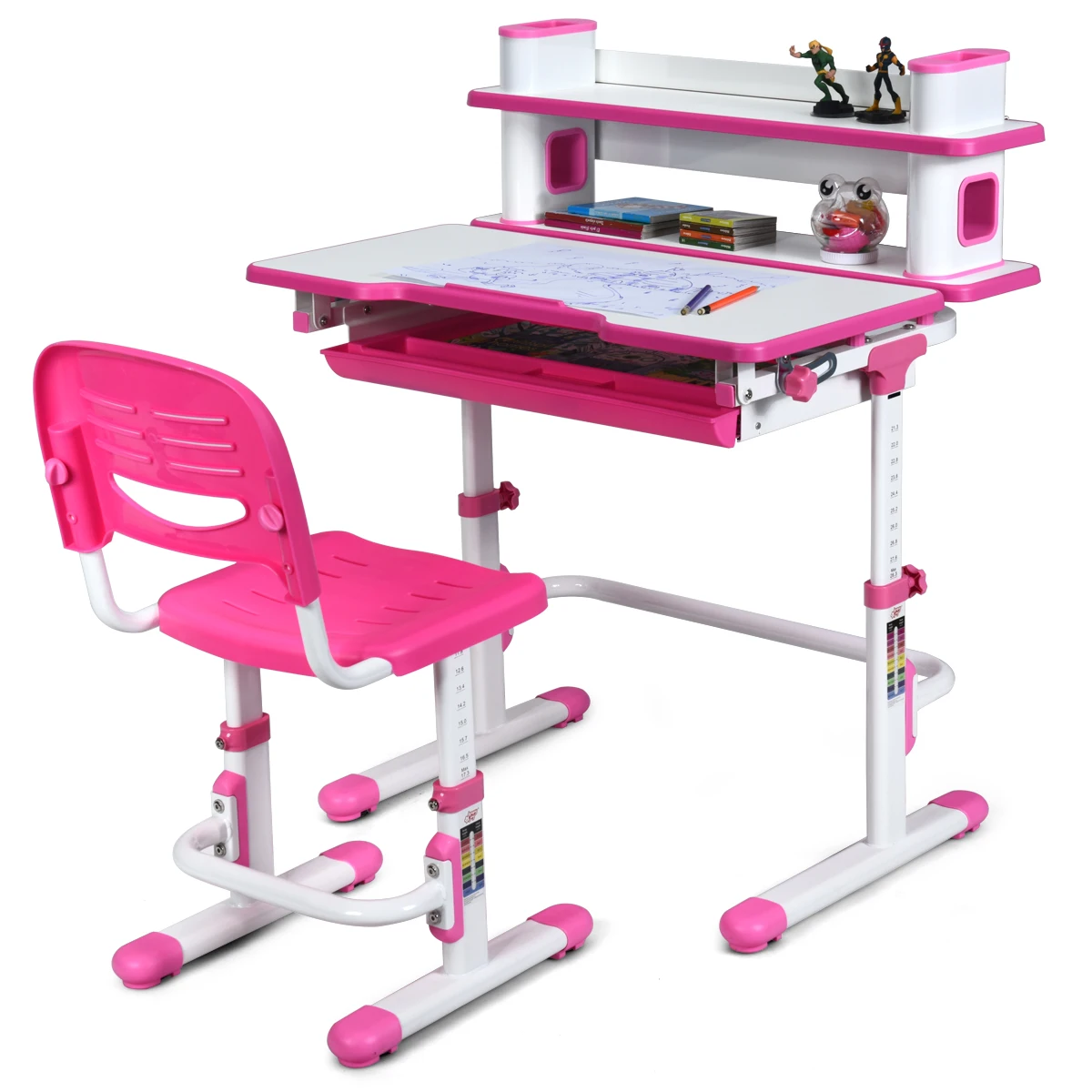 Children's Desk Chair Set Height Adjustable Working Table w/shelf Drawer Pink