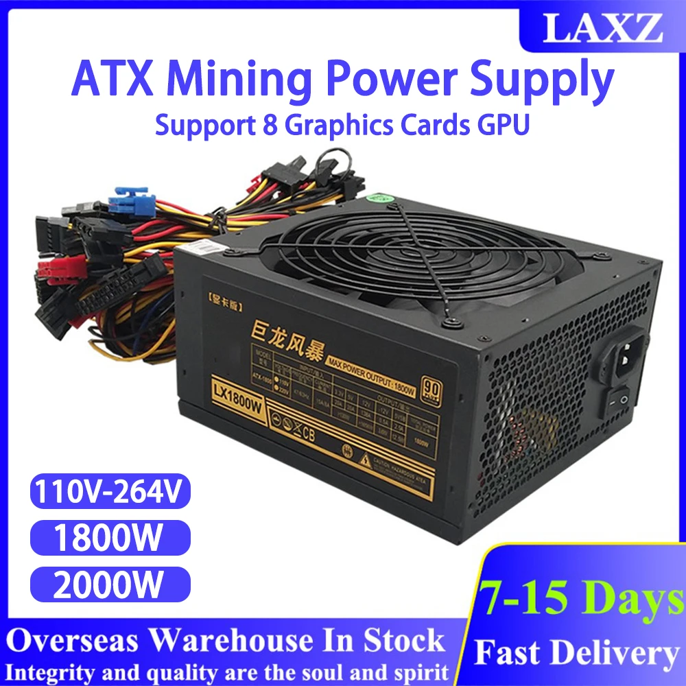 

Блок питания для майнинга 1800 Вт, 2000 Вт, 110-264 в, ATX ETH, Биткоин, PSU, активный PFC, поддержка 8 графических карт, GPU для BTC, Майнер, мощность сервера