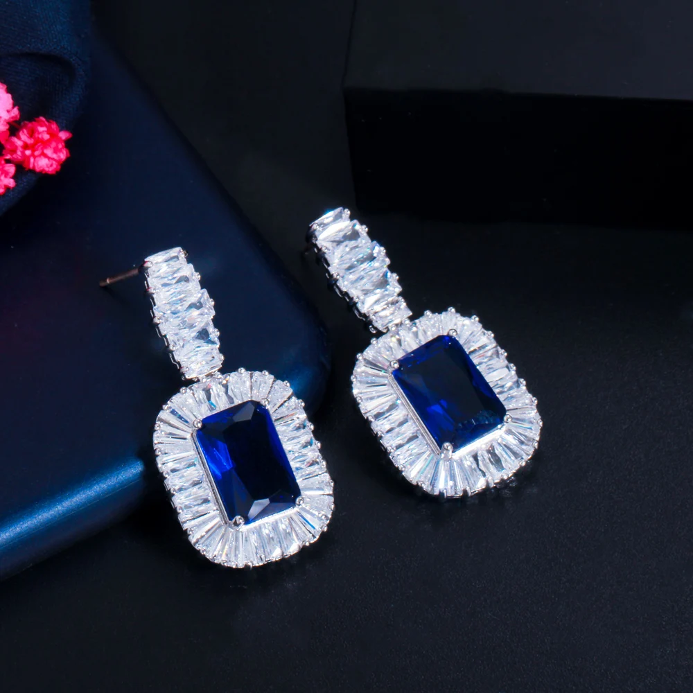 CWWZircons Bling Square Drop темно синий кубический циркон ожерелье и серьги женские вечерние