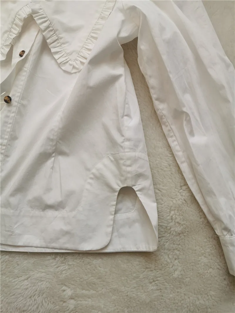 

Women Cotton White Shirt Peter Pan Collar Long Sleeve Simple Single Breasted Blouses