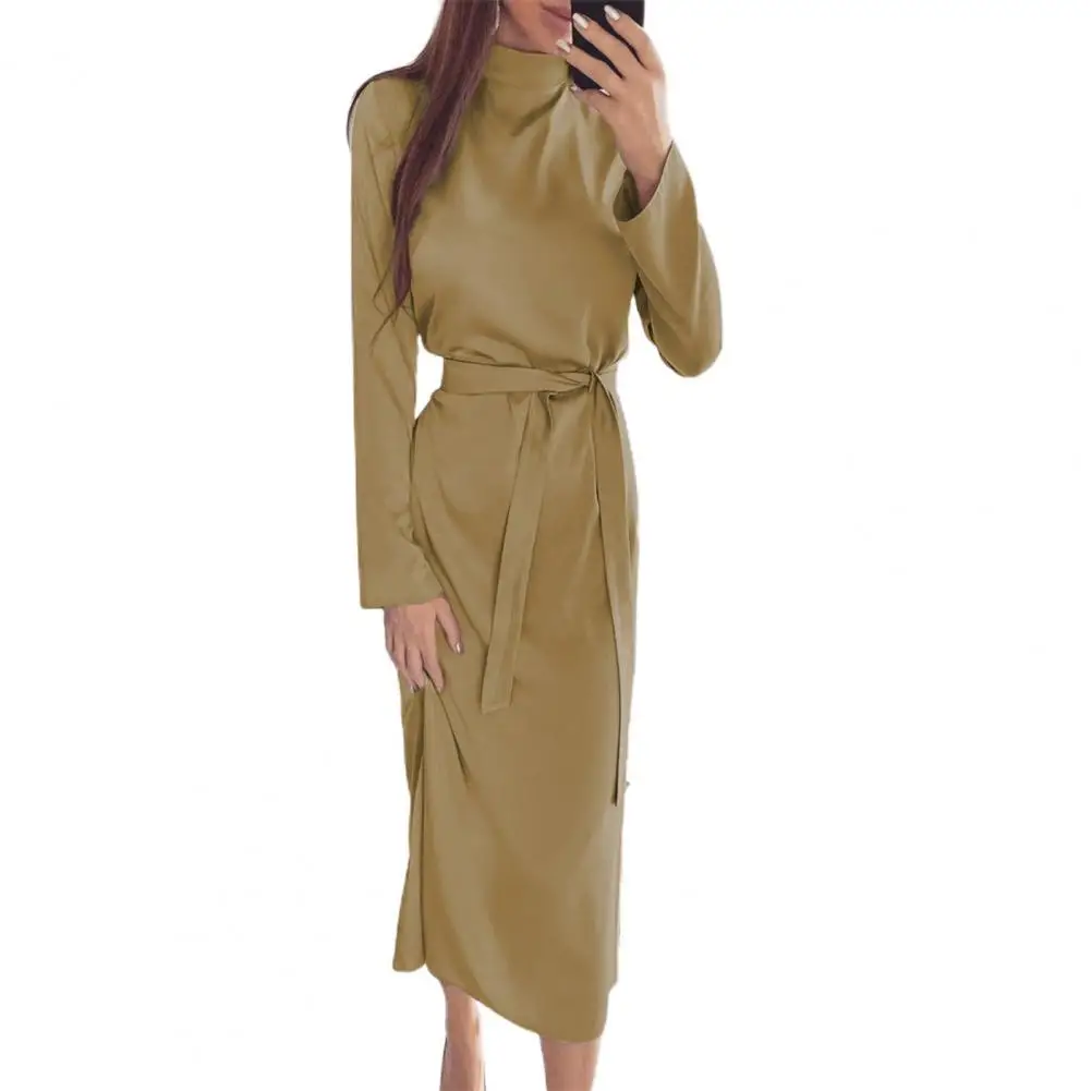 

2021 Casual Lady Dress Solid Color Round Neck Turtleneck Autumn Long Sleeve Lace-Up Waist Tied Comfy Dress Streetwear for Office