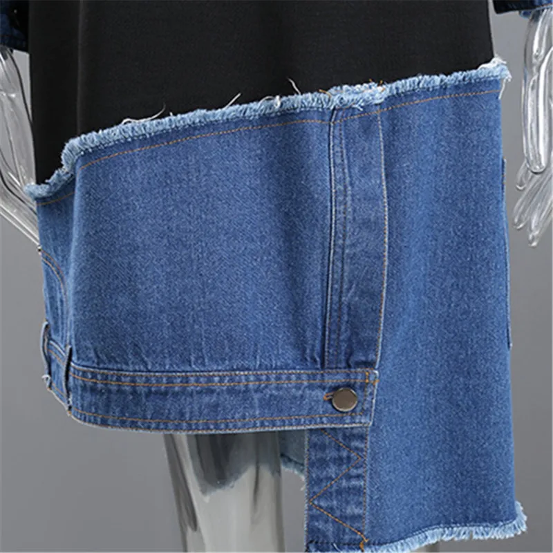 

Denim Spliced Dress Women O-Neck Long Sleeve Fashion Patchwork High Waist Dress Female Loose Mid Long Dress 2021 Spring New